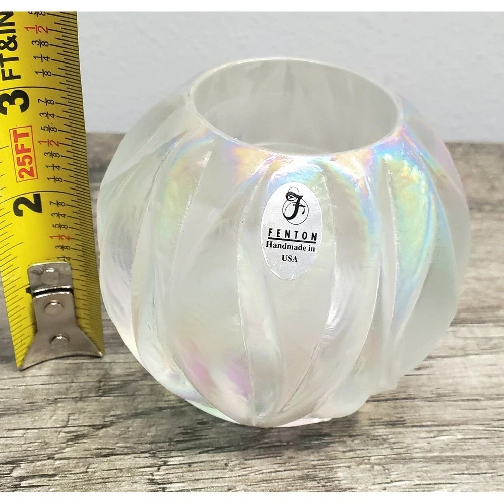 Fenton Art Glass White Pearl Iridescent Round Votive Candle Holder RARE